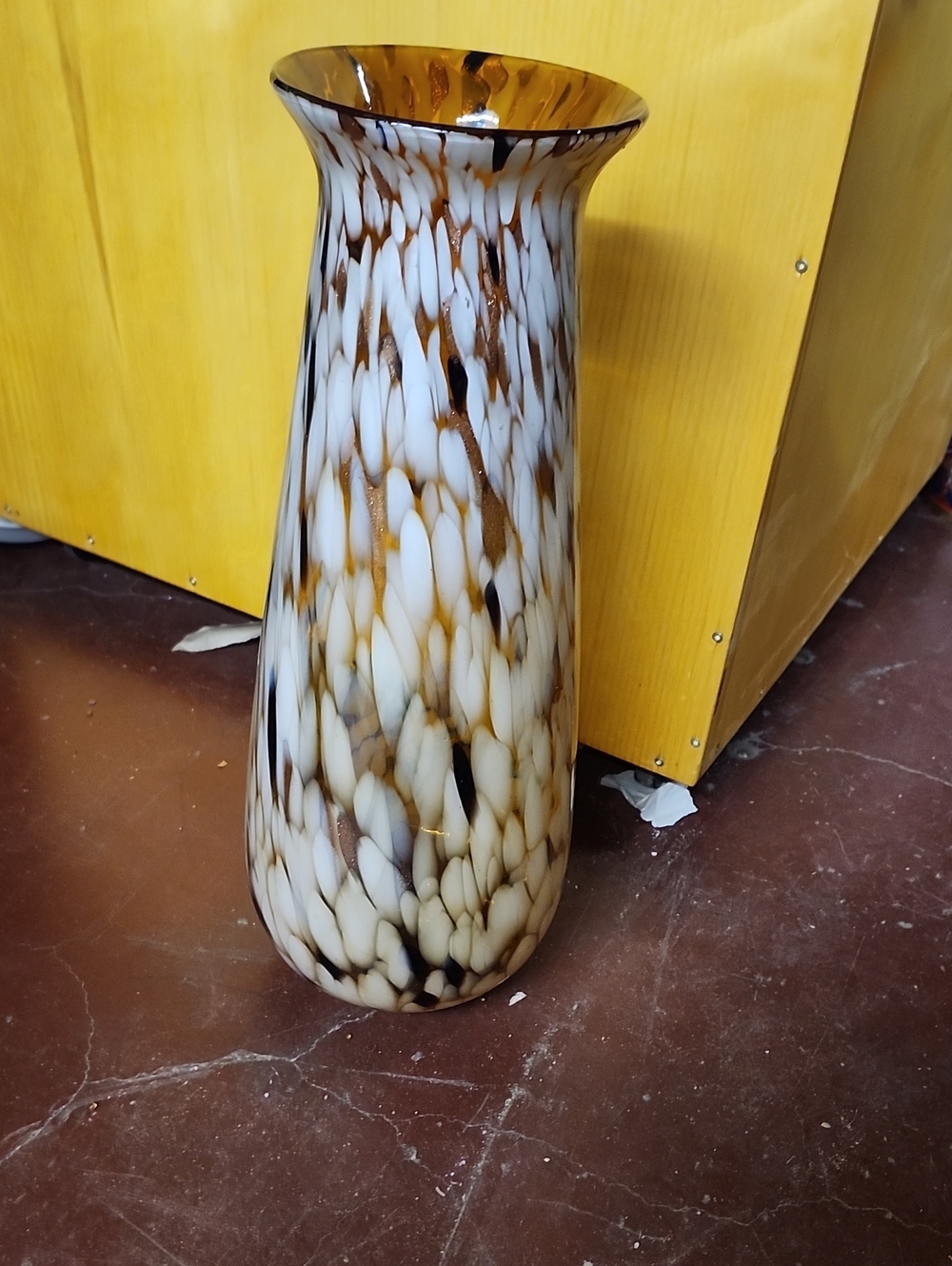 Hand-Blown Speckled Glass Floor Vase - Brown & White